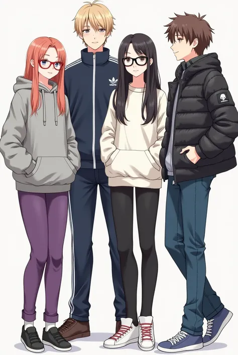 There are 2 girls and 2 boys, one of the girls is wearing red glasses, a grey hoodie, purple pants, and has long straight hair. The other girl is wearing black glasses, a white sweater and black pants, and has slightly curly long hair. One of the boys has ...