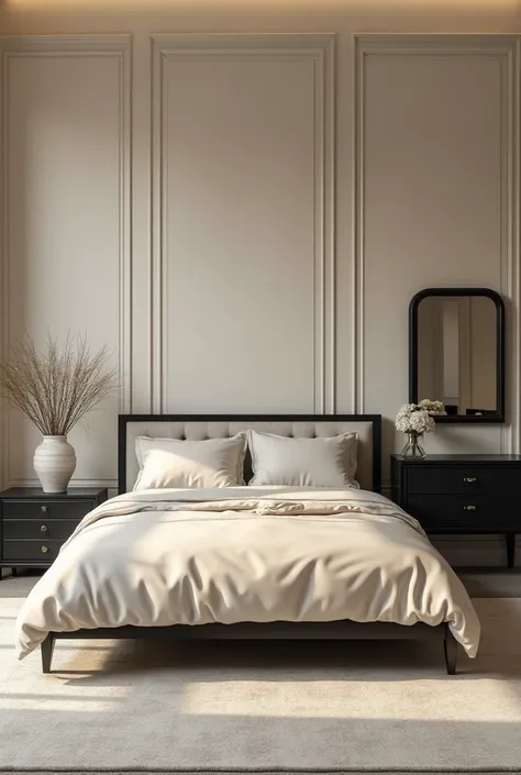 Create a picture of a bedroom with a cream colored bed and a black dessert on each side and a dressing table bar mounted on the wall with a black mirror in grey-beige