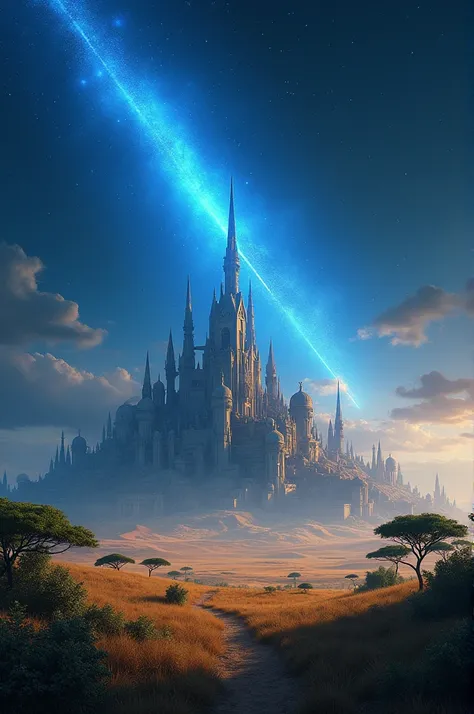  A vast african savana with a blue comet stricking from above a starry sky the savana has a fantasy castle with a blend of myth fantasy and scifi architecture