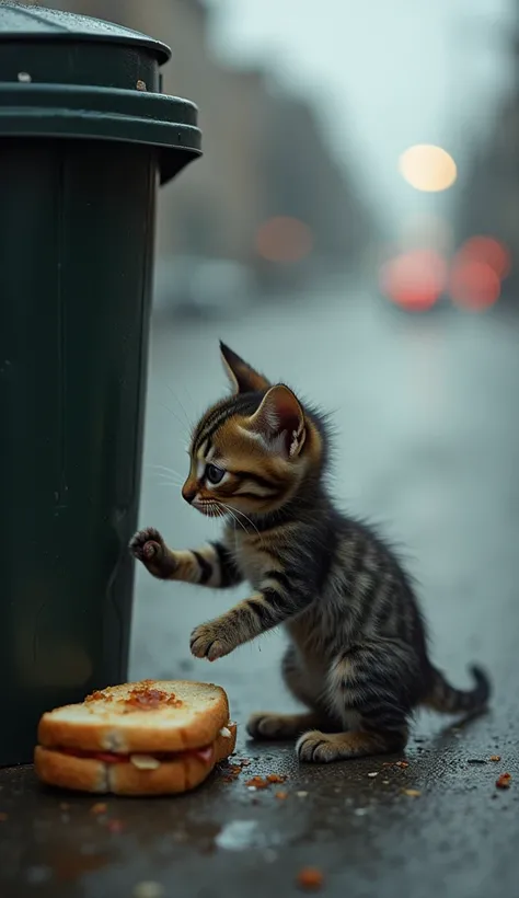 The kitten tries to approach a half-eaten sandwich in a nearby trash can, its little paws shaky. It sniffs the food but hesitates, unsure of what to do.

Mood/Lighting:
Muted, greyish tones with a feeling of emptiness and hunger in the air.

Details:
The k...