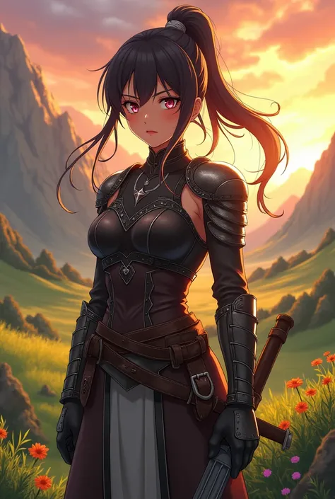 Sango is an anime girl with dark brown eyes, long ponytail hair, wearing leather armor, pink eye makeup, standing in a valley at sunset. 