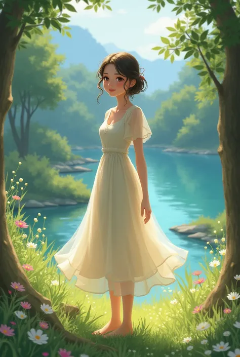 cute girl in a dress near the forest with lake view