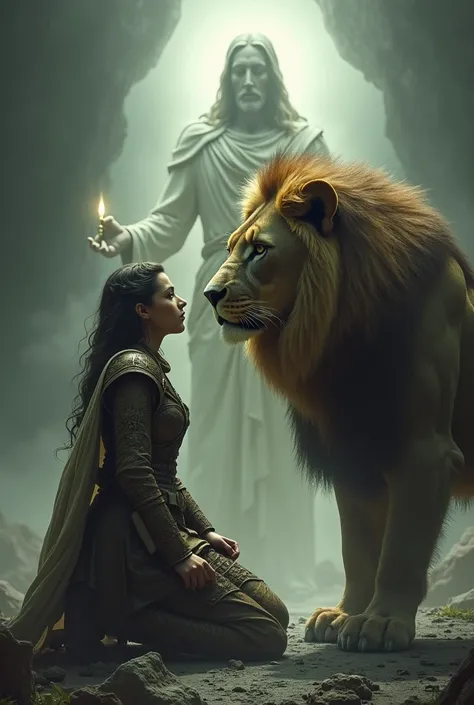 I need an image of a lion with a female warrior on her knees with the shadow-like image of Jesus behind the lion