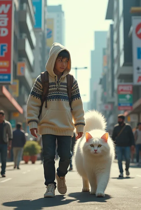 A young man wearing a sewiter shirt covered head switer walks with a very large white cat in the city of jakarta