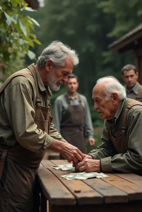 "The gardener, a middle-aged man in slightly worn clothes, steps forward. He reaches hesitantly for the cash on the wooden table, his face showing a mix of gratitude and practicality. The elderly man observes silently, while other staff look on curiously."