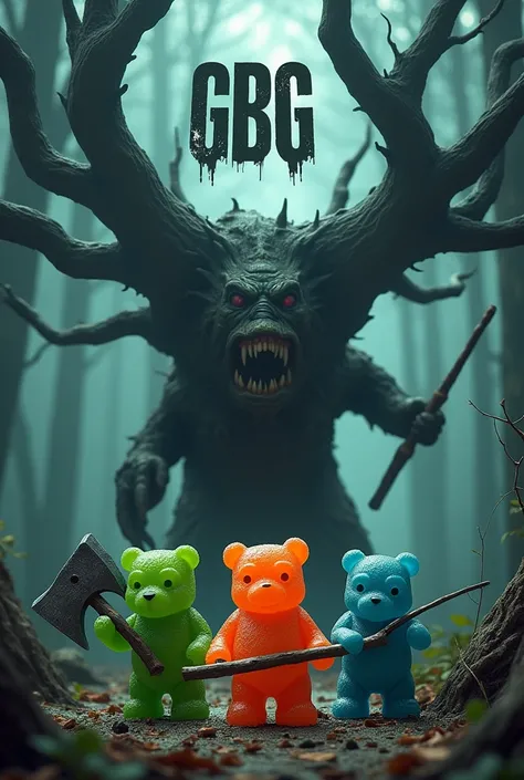 In the foreground, three real-looking gummy bears, a green one with an axe, an orange one with a sword, a blue one with a fishing rod. In the background a dark creepy tree. At the top center in big letters G B G 