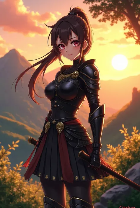 Sango Anime girl with dark brown eyes and long brown hair with ponytail wearing black armor and pink eye makeup standing in valley at sunset 