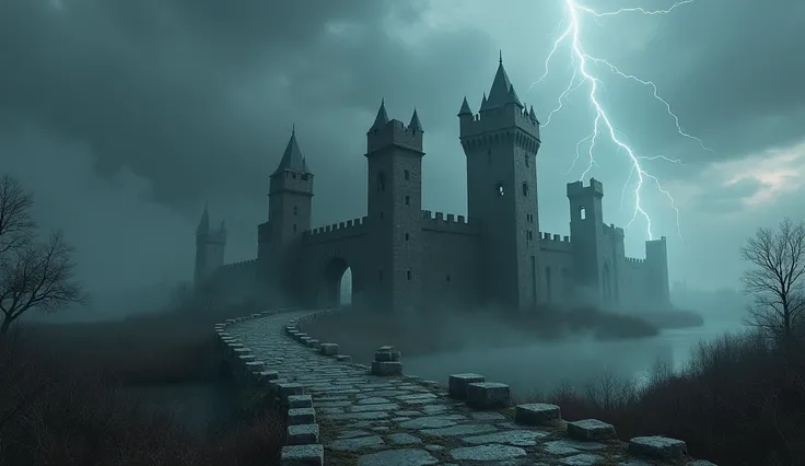  Shady ruined castle ,  surrounded by a misty swamp , Broken Towers ,  Broken Stone Bridge ,  cloudy sky with occasional lightning,  creepy gothic atmosphere , detailed and realistic style 