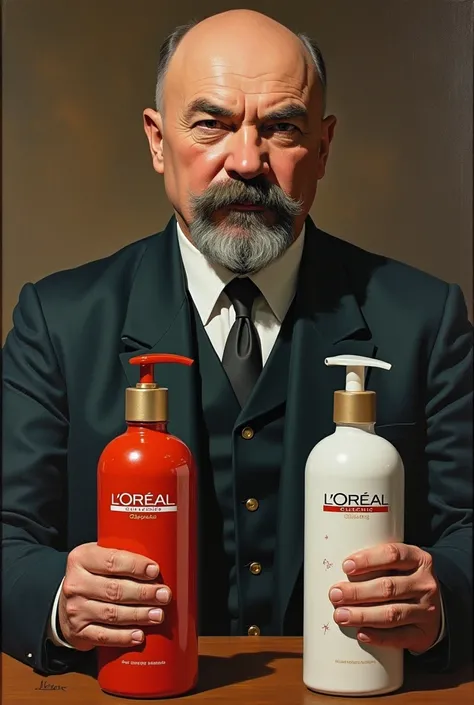 Crea un immagine che rappresenti Lenin nel 1922 dove nella nuova repubblica socialista e nel comunismo di guerra attaverso il sistema del tesseramento dei beni primari viene dato al posto del cibo DUE SHAMPOO DELLA LINEA GLYCOLIC GLOSS DEL MARCHIO LOREAL p...