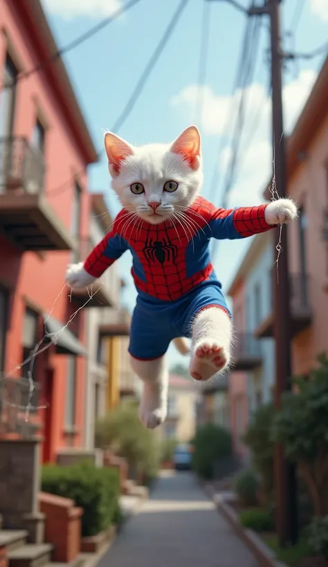  realistic photo of a white Spider-Man kitten : In a vibrant neighborhood , a kitten wearing the Spider-Man hero costume rocks between buildings throwing white webs with its front legs to rescue a cub trapped on a high porch.