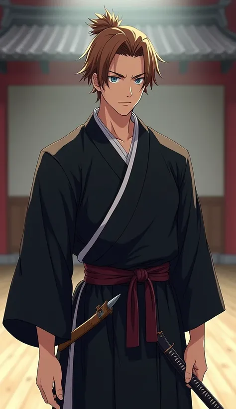   Man between 30-35 years old, light brown hair, showing the forehead , light blue eyes, strong body,  light smyle expression , black kimono . black kimono with white and red details, with a sword attached to the belt, in an empty training arena   [[[  hig...