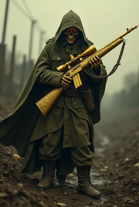 Grim reaper in ww1 uniform aiming with gold skin gewehr 98 sniper rifle with bayonet. Gun must have gold skin like in battlefield 5 