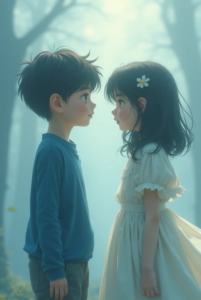 A boy is seeing a blurry girls face and fall into love. but there was fog. so he didnt see her properly. they both are in same age or the girl is less then him at age and height. Boy wearing a blue and girl wearing a white dress. The picture has to be like...