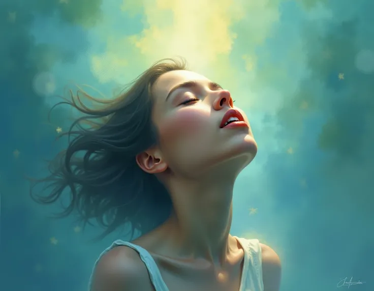 A person dressed with closed eyes, surrounded by a soft, colorful aura, representing the strength of vulnerability and emotional openness. The background is peaceful, with shades of blue and green, conveying a sense of healing and self-compassion.