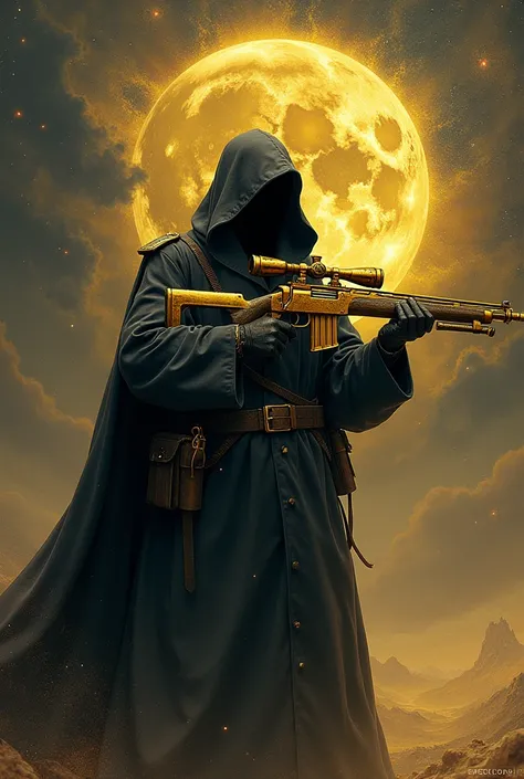 Grim reaper in ww1 uniform aiming with gold skin gewehr 98 sniper rifle with bayonet. Gun must have gold skin like in battlefield 5. He must look mysterious, and background is universe and war 