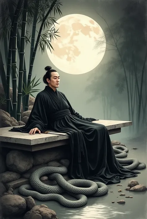 Ink Painting， Chinese male ， mixed flow sea black robe，Bamboo forest background at night ，Big Moon， lying in a group of snakes next to the stone table，There is a sword next to the stone table 