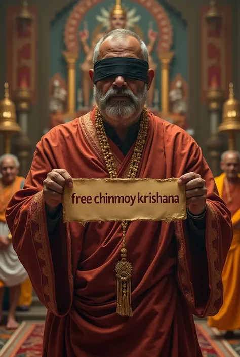 Hindu priest
  blind fold with black cloth, hand  Banner 
 wrote free chinmoy krishana 