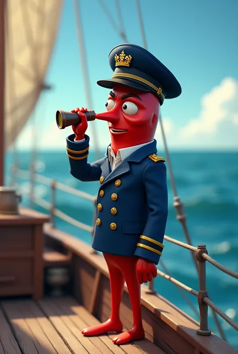 Chili pepper wearing captains clothing on his boat looking at the Horizon with his eyeglass 