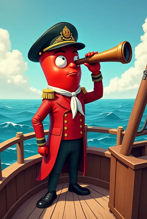 Chili pepper in captains clothing on his boat looking at the Horizon with his eyeglass in realistic Cartoon mode 