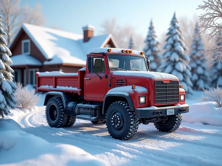 arafed truck parked on a snowy driveway with a house in the background, clean detailed, 8k cleaning future, 8 k cleaning future, an ultra realistic, clean photorealistic realistic, outstanding detail, ultra - realistic and detailed, ice dust, hyper detaile...