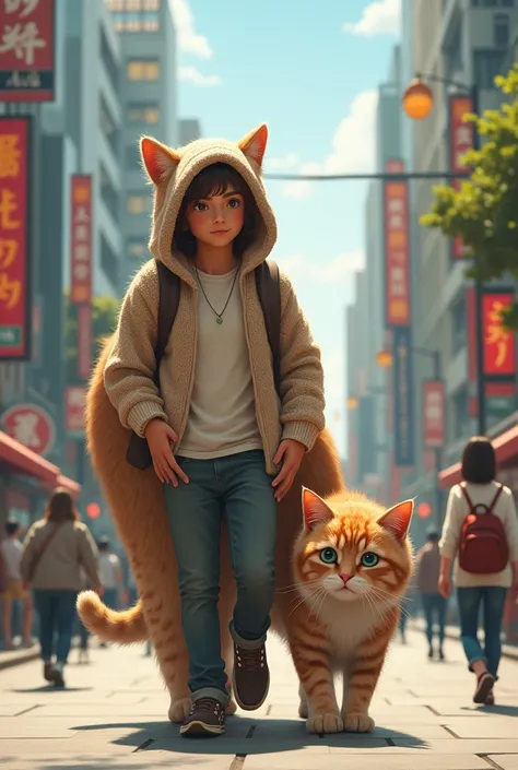 A young man wearing a shirt sewiter head covered switer walks with a very large yng cat in the city