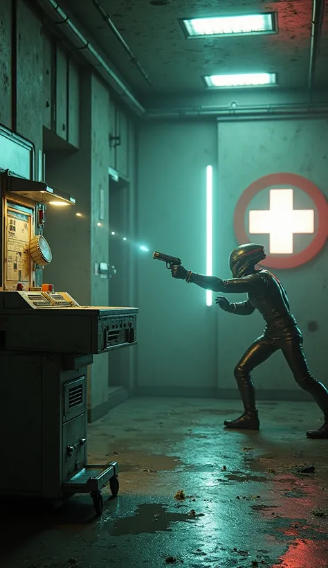 Intérieur post apocalyptique machine médicale hors service croix  rouge médicale, ambiance futur, hologramme , Alien agressif attaque pistolet laser a la main 