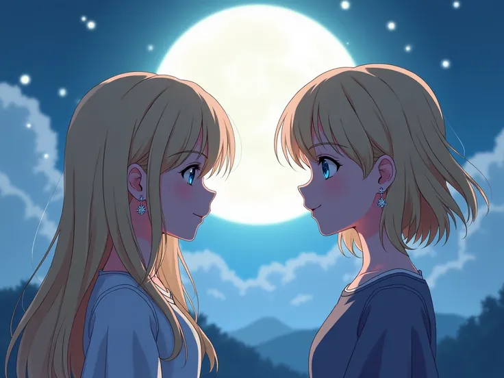  high definition , 2000 pixels
two girls,  earrings, 
Facing
The background is a moon

アニメ絵
後ろ姿,  shortcut, Blonde, 