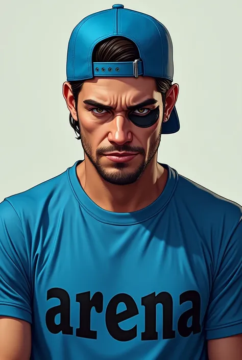 A MALE CHARACTER WITH A BLUE HAT ON THE BACK AND A BLUE T-SHIRT WRITTEN "arena" WITH THE BLACK EYE FROM FREE FARI