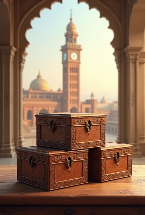 Blend with Clock tower Peshawar in background, create a business logo of wooden handicraft boxes.