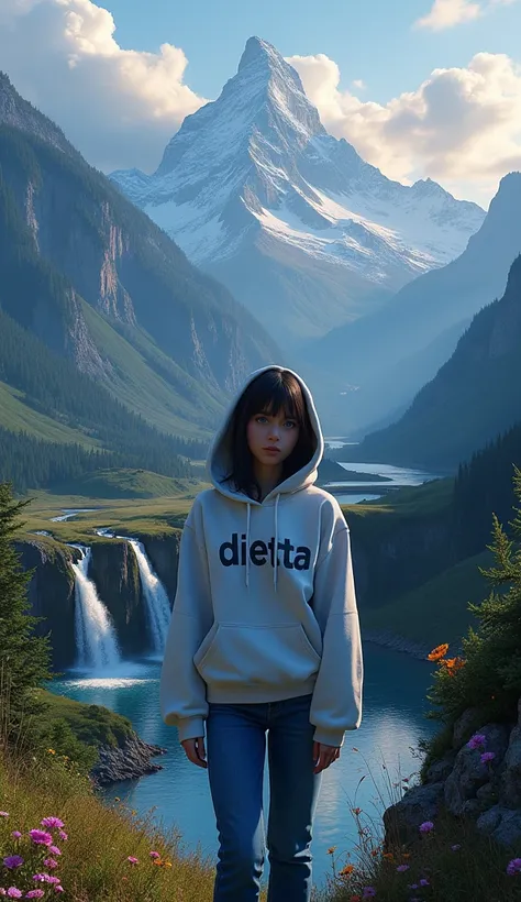 21 year old girl, blue eye, dark hair, looking at camera, wearing hoodie, with letter"DIETTA",wearing blue jeans in the mountainous landscape, towering peaks, lush greenery, twilight, getting dark, crystal-clear lakes, meandering rivers, birds, waterfall, ...