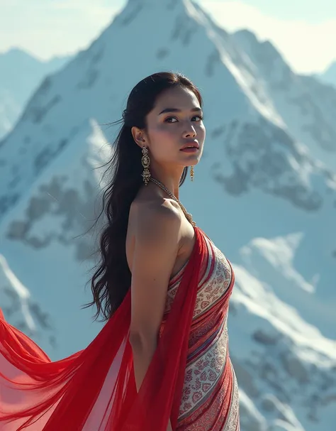 {{Snow mountain}}, Indian Goddess {{Kamini}}, {{Goddess  of lust}}, {{red and white saree}} ,walking toward camera, masterpiece, top quality, (pale skin), (Ultra detailed face and eyes:1.2), depth of field, bokeh, (special attention to skin detail: 1.2), d...