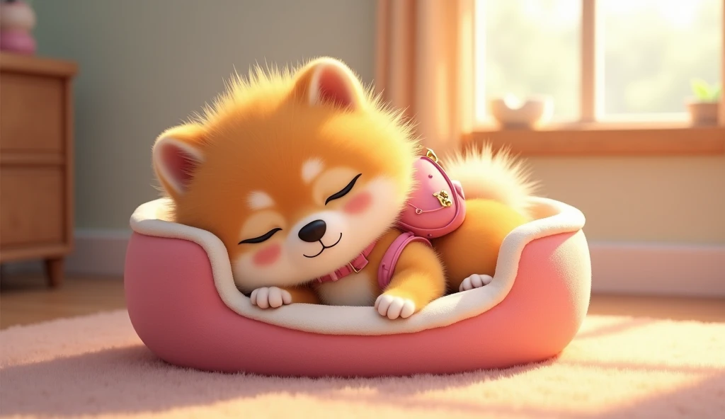 A Pomeranian dog named Dooda with spiky golden fur, white fur on her snout, cheeks, and chest, a black nose, and brown eyebrows. She has large, rounded brown eyes with an innocent expression in Pixar animation style. Dooda is wearing a simple pink collar a...