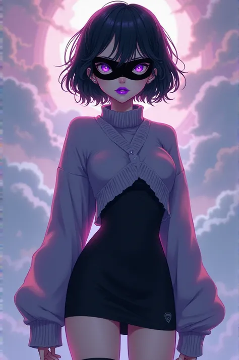 Create an anime character with big boobs, tight legs, black mask, purple lips, octopus whiskers, fluffy sweater dress, short hair like tomboy.