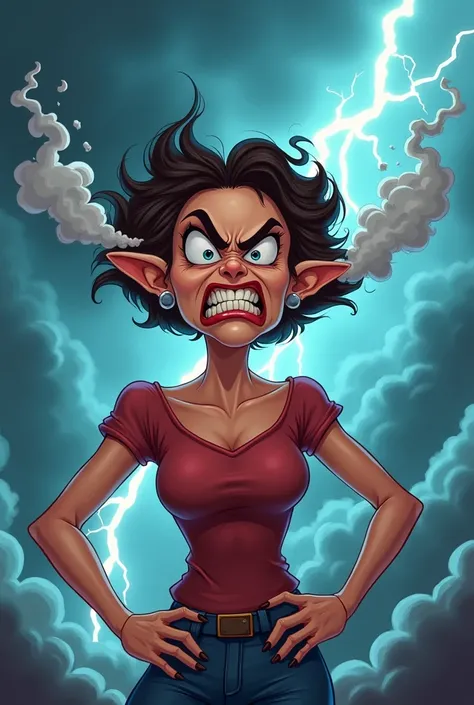 A cartoon woman with exaggerated features like steam coming out of her ears, her hands on her hips, and a scowl on her face. The background shows storm clouds and lightning bolts to emphasize her rage.