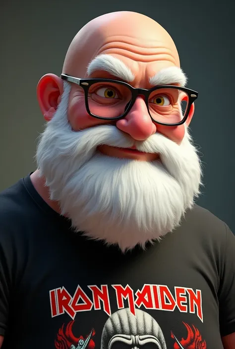 Disney pixar themed bold 50 years old man with big white beard and little obesity. He have no hair. he have metalic glasses. He is wearing iron maidens band t-shirt