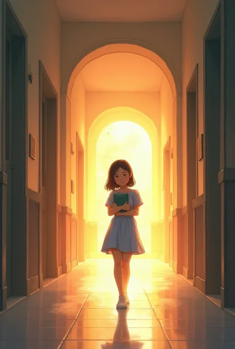 [ illustration:  A school corridor bathed in a golden and diffused light,  where the suns rays dance among specks of dust . Camila, wearing a soft blue dress ,  she holds her books like a shield . a teenager 