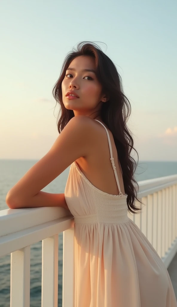 A medium close-up of a beautiful 30-year-old Instagram influencer with a wistful gaze, her natural figure draped in a light sundress, leaning on a bright white balcony railing with the sky in soft pastel tones.