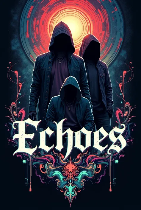 Create me the logo for a band called ECHOES whose style is rocker mixed with a psychedelic touch and that has sound waves that distort the image and look blurry 