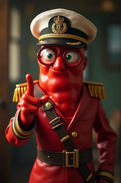 Chili pepper in captains clothing looking with eyeglass and pointing forward 