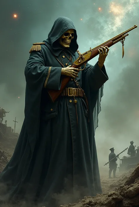 Grim reaper in ww1 uniform aiming with gold skin gewehr 98 sniper rifle with bayonet. Gewehr must have gold skin like in battlefield 5 and be gewehr 98 from ww1. He must look mysterious, and background is universe and war 