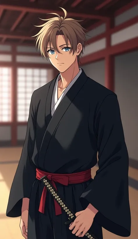   Man between 30-35 years old, light brown hair, very short and layered bangs showing the forehead , light blue eyes, strong body,  light smyle expression , black kimono . black kimono with white and red details, with a sword attached to the belt, in an em...