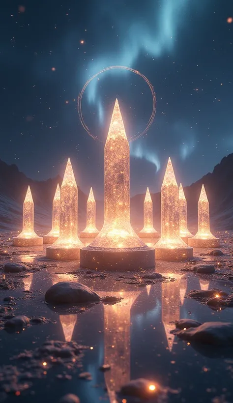 A captivating cosmic realm where the 12 zodiac signs are majestic statues made of glowing crystal, each placed on a pedestal surrounded by floating energy orbs. The ground beneath them is a pool of liquid starlight reflecting their brilliance, while the ai...