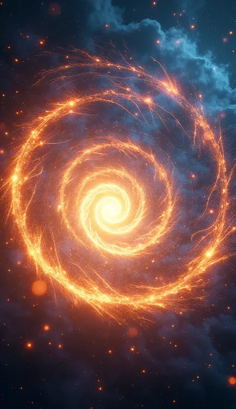 A radiant cosmic vortex pulling the 12 zodiac signs into a glowing spiral. Each sign appears as a mystical symbol, surrounded by dynamic swirling lights in their elemental colors. Stars shoot outward, creating a mesmerizing explosion of light and energy th...