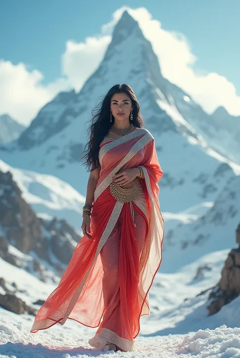 {{Snow mountain}}, Indian Goddess {{Kamini}}, {{Goddess  of sex}}, {{red and white saree}} ,walking toward camera, masterpiece, top quality, (pale skin), (Ultra detailed face and eyes:1.2), depth of field, bokeh, (special attention to skin detail: 1.2), de...