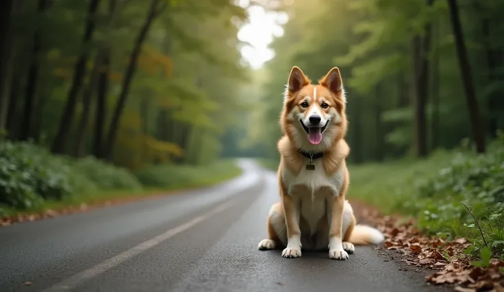 your poor dog on the right side of the highway amidst the forest, front view