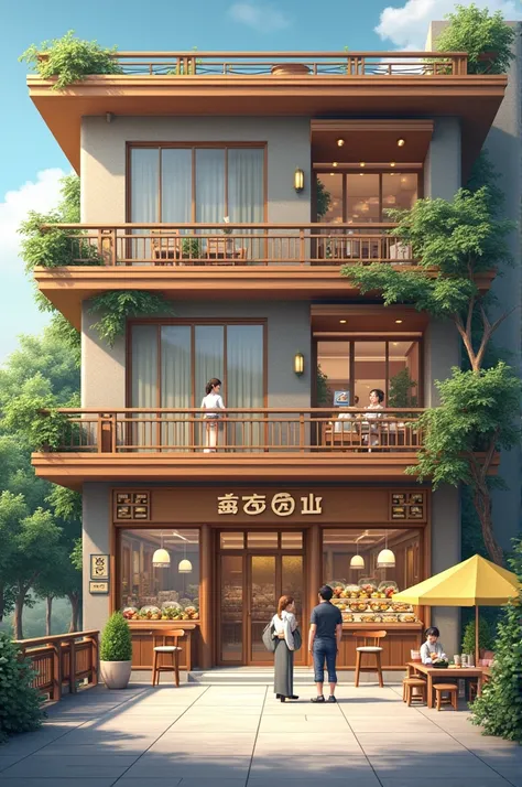 A presentable 3-story hotel house with people at reception and sale of food