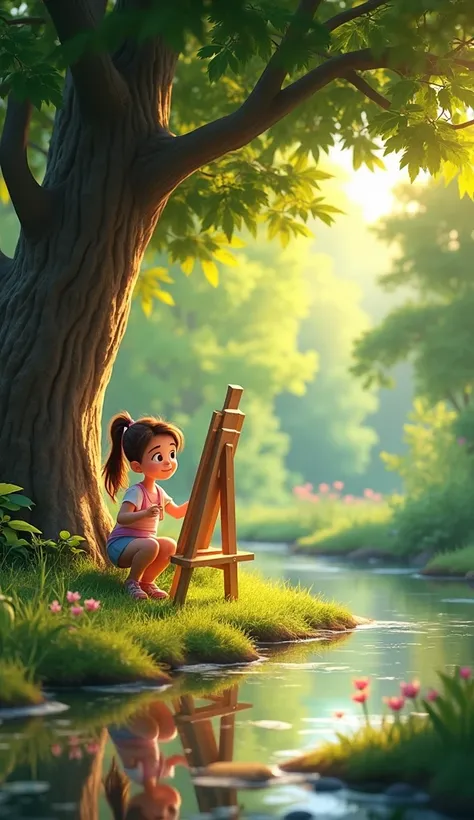 Create a Disney Pixar style wide shot of a peaceful scene by a creek, with a girl arranging her easel under a tree. The subject is placed slightly off-center, surrounded by nature. The point of view is slightly angled from ground level. The lighting is dap...