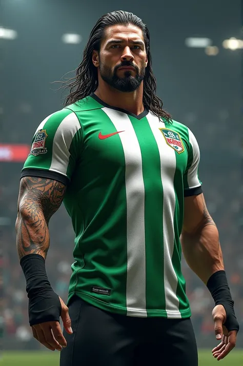 I want you to make an image of Roman Reigns wearing the Rayados de Monterrey shirt