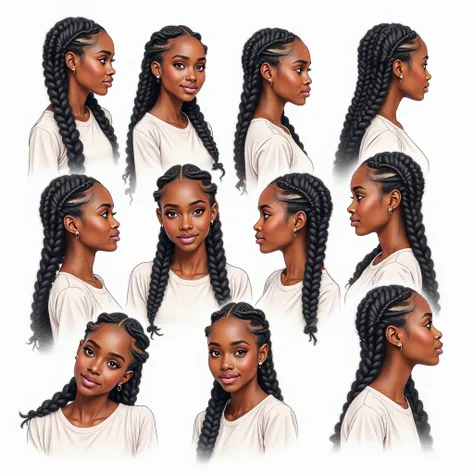 Create a pencil drawing in color image showing the various facial angles of Remi, an 18-year-old beautiful Black girl with long, loose African box braids cascading to her shoulders. She has deep brown eyes and a warm, confident expression. Her face should ...