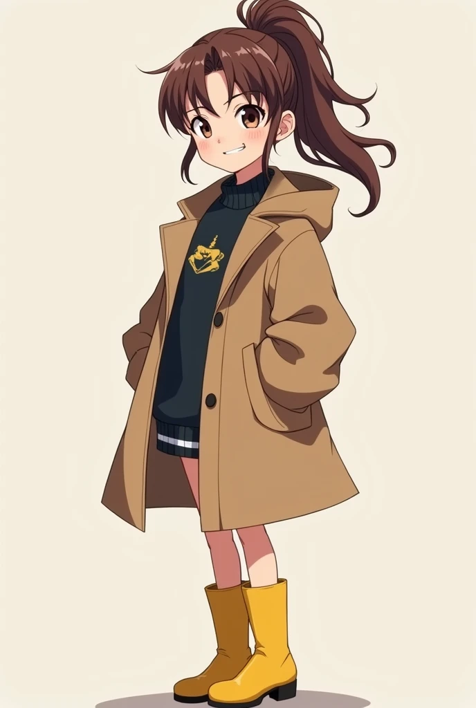 A anime girl 12year old with a lap coat and pony tail hair style brown hair smirking with yellow boots